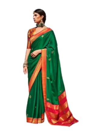 Green Silk Paithani Pattern Saree With Red Border And Unstitched Blouse 
