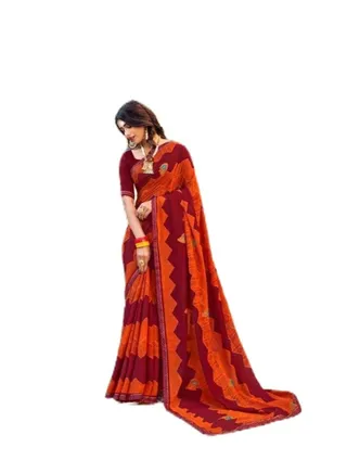 Georgette Maroon And Orange Saree With  Zigzag Print  And Unstitched Blouse 