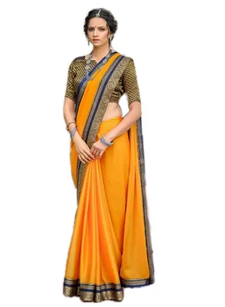 Trendy Style Chiffon Orange Colour Saree With Traditional Blue Border And Unstitched Blouse 