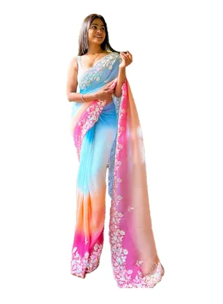 Multicolour Pleated Fabric Saree With Sequence Embroidery Work Plus Unstitched Blouse 