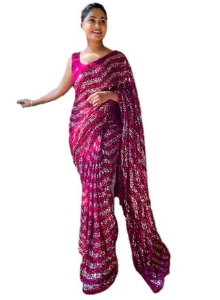 Georgette Saree With Pink And Silver Sequence Work Plus Unstitched Blouse 
