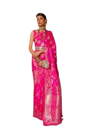 Pink soft silk saree with Silver weaving design plus unstitched blouse 