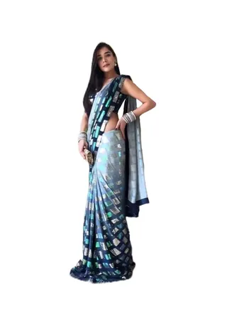 Grey And Blue Double Shade Georgette Saree with sequence work Plus unstitched Blouse 