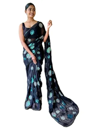 Georgette Black Saree With Multi Colour Floral Sequence Work and Unstitched Blouse 