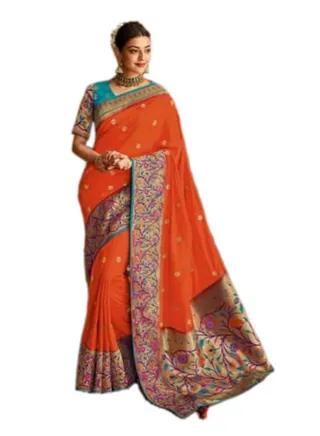 Orange Silk saree paithani style and heavy border plus unstitched embroidered blouse 