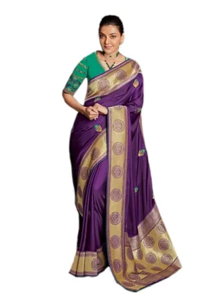 Purple Silk saree paithani style and heavy border plus unstitched embroidered blouse 