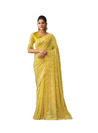 Georgette Yellow Colour Saree With Sequence Work Plus Unstitched Designer Blouse 