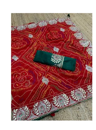 Georgette Red Bandhani Print Saree With Traditional Work On Border Plus Green Silk Unstitched Blouse 