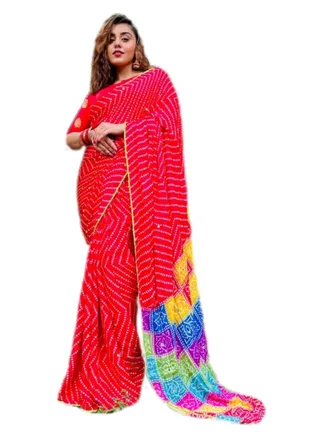 Red Silk saree with multicolor pallu and green unstitched blouse 