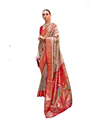 Traditional Silk Golden Base Saree Pink Border And Parrot Print Ethnic Design with unstitched blouse 