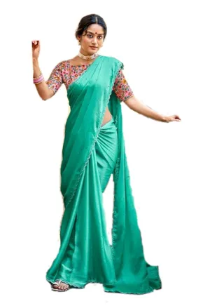 Green Chiffon Saree With Lace And Mukesh Work All Over Plus Multicolour Satin Unstitched Blouse 