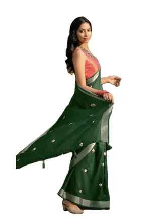 Linen Cotton Green Saree With Flower Embroidery And Zari Border Plus Unstitched Blouse 