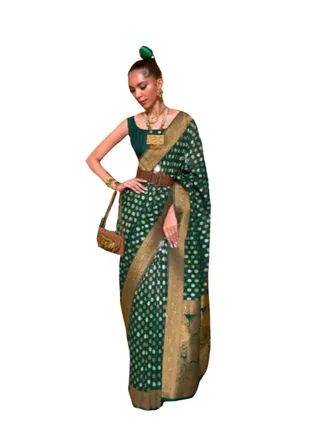 Soft Silk Green Saree With Golden Weaving Design And border plus unstitched blouse 