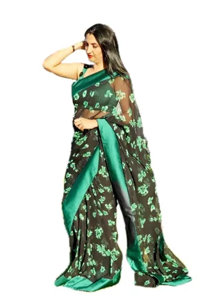 Black Green Flower Print Saree With Green 5 Inch Border Na Unstitched Green Satin Silk Blouse 
