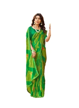 Georgette Green Beautiful Printed Saree With Unstitched Blouse 