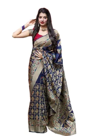 Navy Blue banaras silk saree with golden Checks and motif with unstitched blouse 