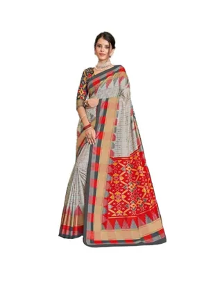 Kathi Silk Grey Saree With Red Chex Having Red Temple Border Plus Red Printed Pallu And Unstitched Blouse 