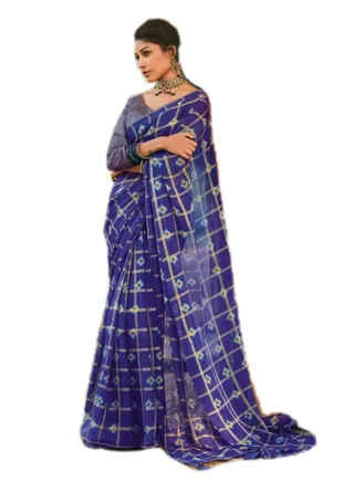 Blue Chiffon Chex With Tie Die Design Saree And Unstitched Blouse 