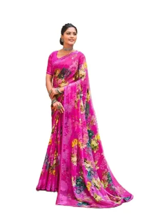 Beautiful Pink Colour Chiffon Floral Print Saree With Piping Finish Plus unstitched Blouse 