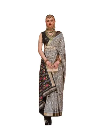 Traditional Silk Grey Base Saree Black Border With Patola Design Plus unstitched Blouse 