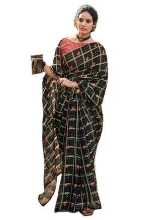 Black Chiffon Check With Tie Die Design Saree And Unstitched Blouse 
