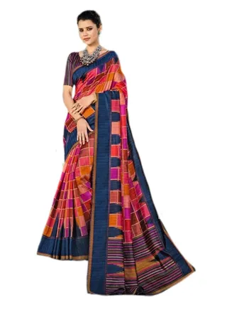 Gadhwal silk Multi colour Printed saree with Blue border and unstitched blouse 