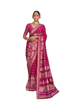 Fuchsia Pink Banaras Silk Saree With Gold Foil Print And Border Plus Unstitched Blouse 