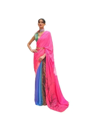 Pink And Blue Trendy Stylish Japan Silk Saree With Beautiful Design Plus Contrast Unstitched Blouse 