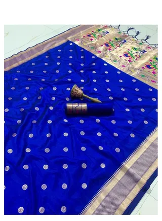 Blue Silk Paithani Saree With Gold Zari Weaving And Peacock Design Pallu Plus Unstitched Blouse 