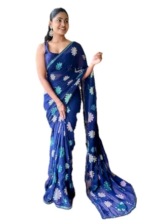 Georgette Blue Saree With Multi Colour Floral Sequence Work and Unstitched Blouse 