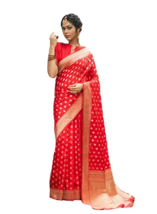 Red Banarasi heavy butta saree with weaving traditional border Plus unstitched blouse. 