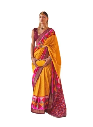 Traditional Silk Yellow Saree Pink Border With Patola Design Plus Unstitched Blouse 