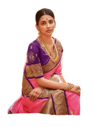 Pink Silk saree with Purple heavy border plus unstitched embroidered blouse 