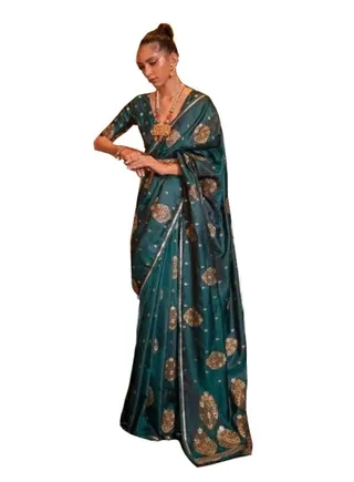 Green Silk saree with self design and golden weaving border plus unstitched blouse 