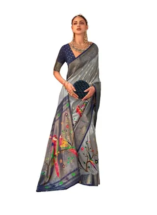 Traditional Silk Grey Base Saree Blue Border And Parrot Print Ethnic Design with unstitched blouse 