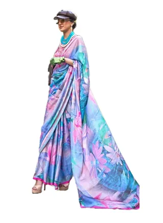 Satin Pink Blue Printed Saree With Unstitched Blouse 