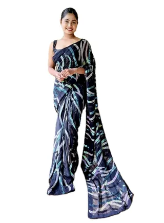 Georgette Black Saree With Multi Colour Sequence Work and Unstitched Blouse 