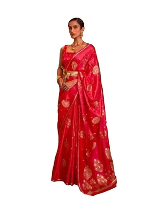 Red Silk saree with self design and golden weaving border plus unstitched blouse 