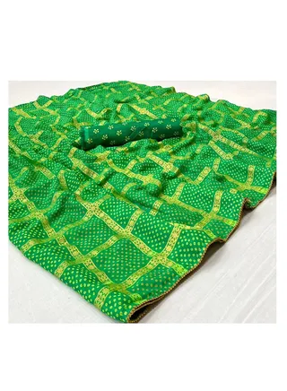 Silk Gharchola Foil Print Green Saree With Golden Lace Plus Unstitched Saree 