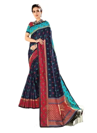 Gadhwal silk Blue colour saree with red border and unstitched blouse 