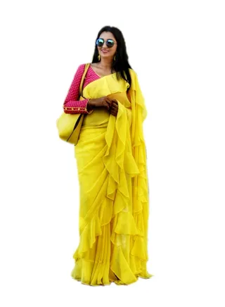 Georgette Yellow Ruffle Saree With Contrast Pink Unstitched Blouse 