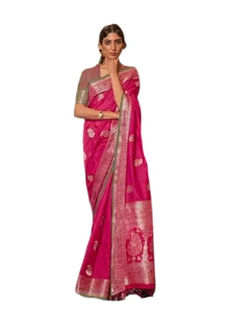 Beautiful Pink Silk Saree With Golden Weaving Design Plus Contrast Unstitched Blouse 