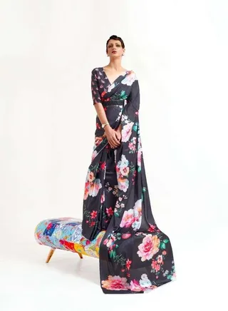 Black Satin Floral Print Saree with Contrast Green Colour Unstitched Blouse 