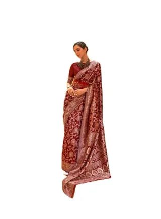 Red Cotton Silk  Lucknowi Chickankari Weaving Work Saree Plus Unstitched Blouse 