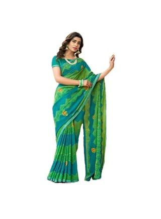Georgette Green And Blue Beautiful Printed Saree With Unstitched Blouse 