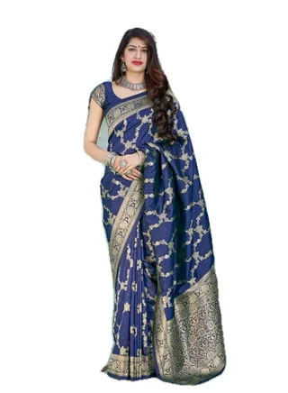 Blue Silk Golden Print  Saree With Unstitched Blouse 