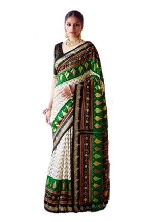 White Lahariya silk Saree with Green Patola style border Plus unstitched blouse 