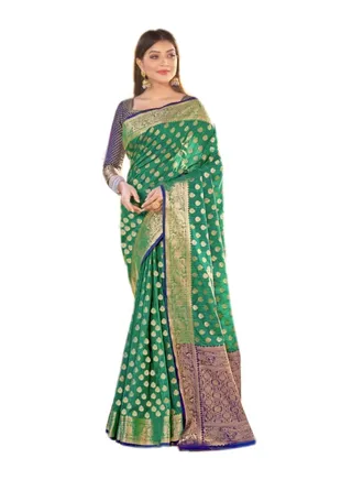 Green Silk Saree With Golden Weaving And Contrast Blue Pallu Plus Unstitched Blouse 