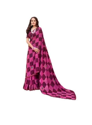 Georgette Pink And Wine Beautiful Printed Saree With Unstitched Blouse 