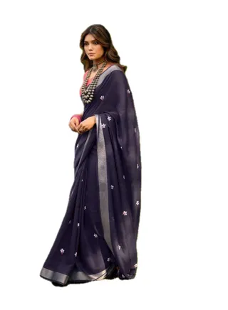 Dark Blue Cotton Saree With Red Floral Print White Lace All Over Plus Red Contrast Unstitched Blouse 